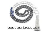 GMN8562 8mm, 10mm black labradorite, lapis lazuli & matte white howlite 108 beads mala necklace with tassel