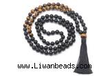 GMN8565 8mm, 10mm matte black agate & yellow tiger eye 108 beads mala necklace with tassel