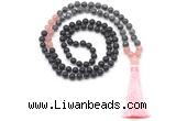 GMN8566 8mm, 10mm matte black agate, black labradorite & rose quartz 108 beads mala necklace with tassel