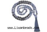 GMN8573 8mm, 10mm blue spot stone & black lava 108 beads mala necklace with tassel