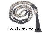 GMN8574 8mm, 10mm dalmatian jasper, black lava & garnet 108 beads mala necklace with tassel