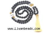 GMN8578 8mm, 10mm black lava, matte white howlite & golden tiger eye 108 beads mala necklace with tassel