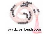 GMN8582 8mm, 10mm rose quartz & garnet 108 beads mala necklace with tassel