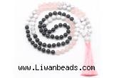 GMN8583 8mm, 10mm black agate, rose quartz & white howlite 108 beads mala necklace with tassel