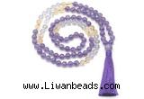 GMN8586 8mm, 10mm amethyst, citrine & white crystal 108 beads mala necklace with tassel