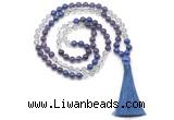 GMN8587 8mm, 10mm amethyst, white crystal & lapis lazuli 108 beads mala necklace with tassel