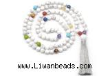 GMN8601 Hand-knotted 7 Chakra 8mm, 10mm white howlite 108 beads mala necklace with tassel