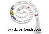 GMN8602 Hand-knotted 7 Chakra 8mm, 10mm white howlite 108 beads mala necklace with tassel