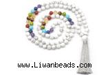 GMN8603 Hand-knotted 7 Chakra 8mm, 10mm white howlite 108 beads mala necklace with tassel