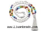 GMN8604 Hand-knotted 7 Chakra 8mm, 10mm white howlite 108 beads mala necklace with tassel