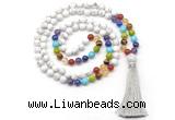 GMN8605 Hand-knotted 7 Chakra 8mm, 10mm white howlite 108 beads mala necklace with tassel