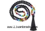 GMN8615 Hand-knotted 7 Chakra 8mm, 10mm black lava 108 beads mala necklace with tassel