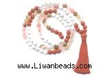 GMN8628 8mm, 10mm matte white howlite, red jasper & cherry quartz 108 beads mala necklace with tassel