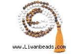 GMN8634 8mm, 10mm white howlite & yellow tiger eye 108 beads mala necklace with tassel