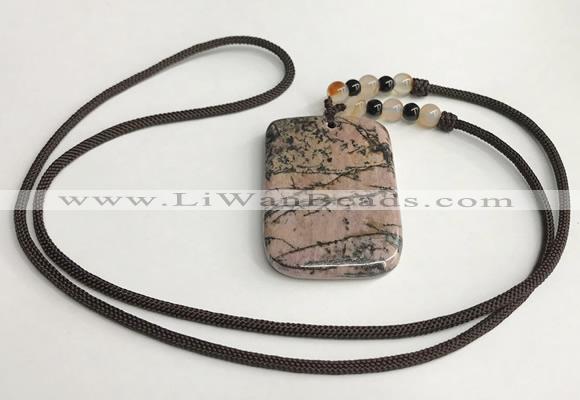 NGP5625 Rhodonite rectangle pendant with nylon cord necklace