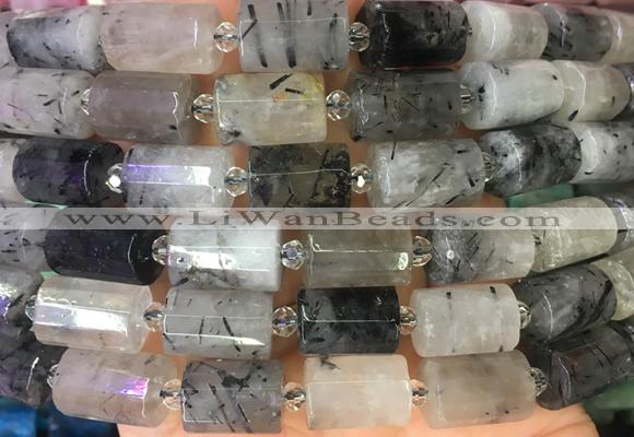 TBBS90 15 inches 10*14mm faceted tube black rutilated quartz gemstone beads